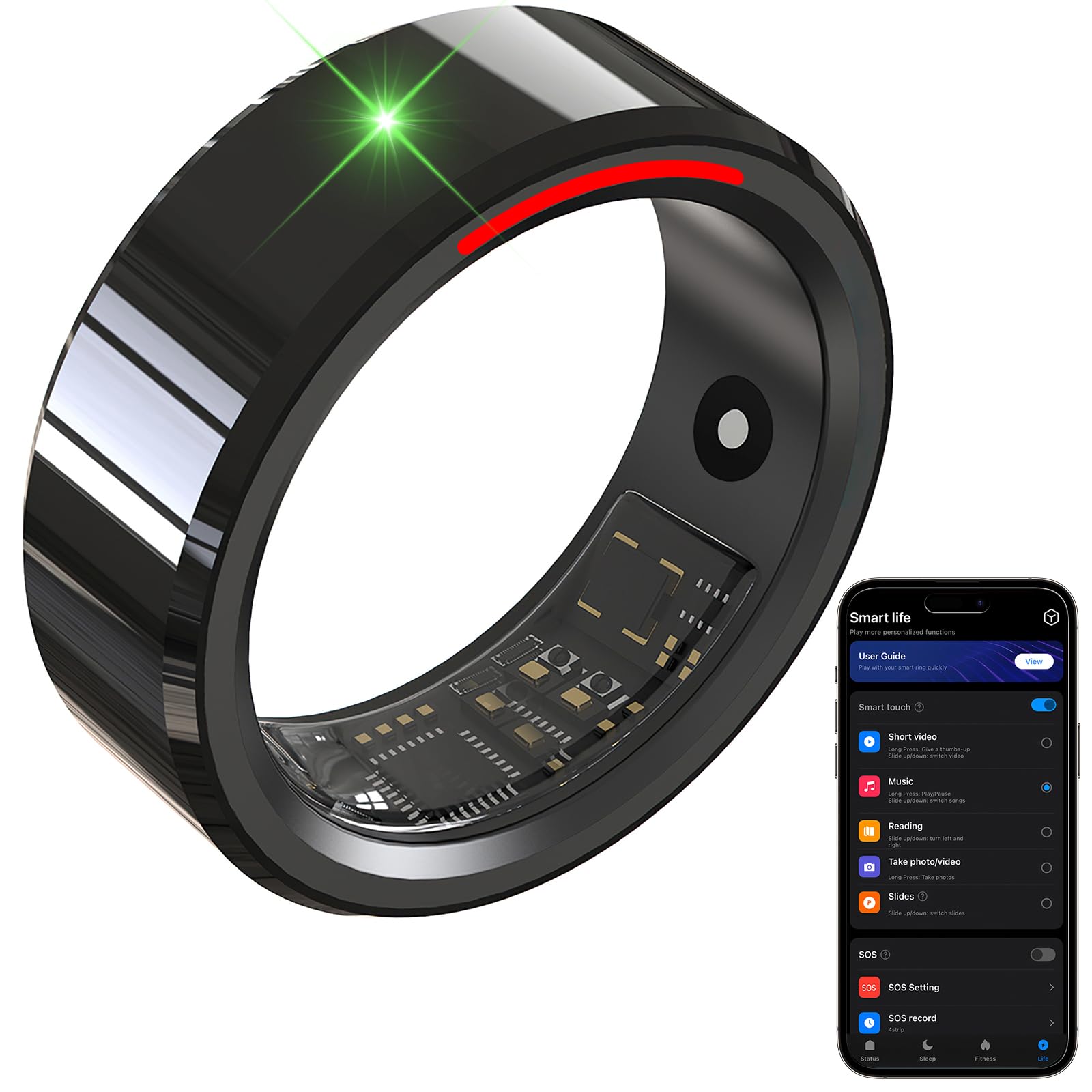 Elite Smart Ring: 5ATM Waterproof Health Monitor with Temperature Sensing & Camera Control