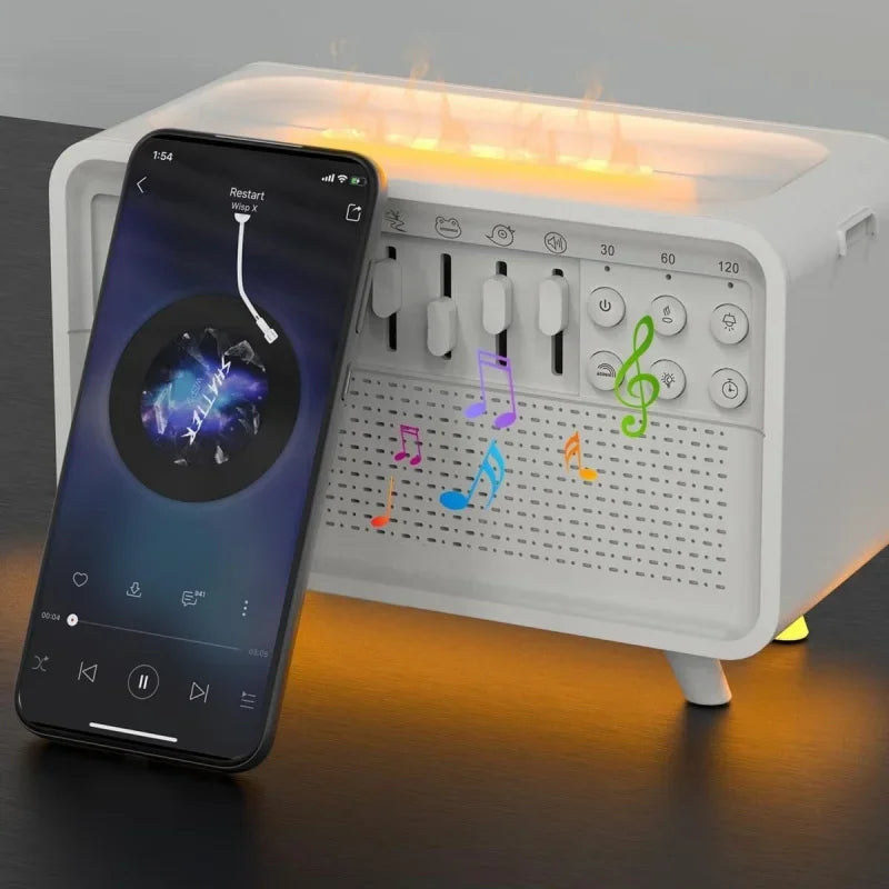 Flame-Effect Aromatherapy Diffuser with Bluetooth Audio & White Noise for Serene Sleep
